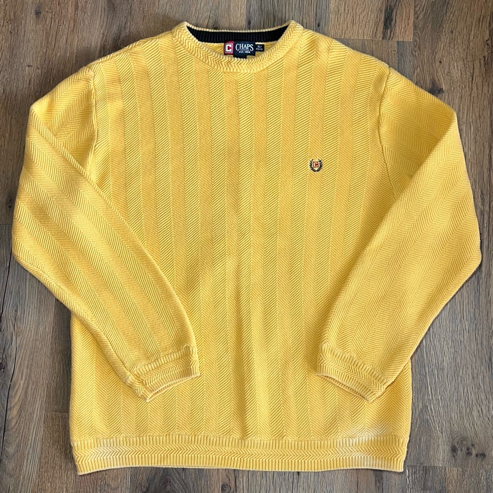 Chaps Cable Knit Mens Sweater 100% Cotton‎ Yellow Sz XL Grandpa Preppy Fisherman